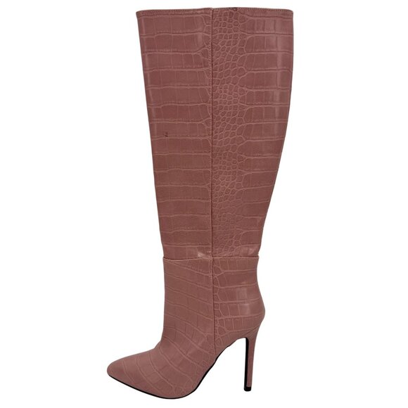 Guess Pink Vegan Croc Pointed Toe Knee High Stiletto Boots | Sexy Baddie Barbie - Picture 9 of 16